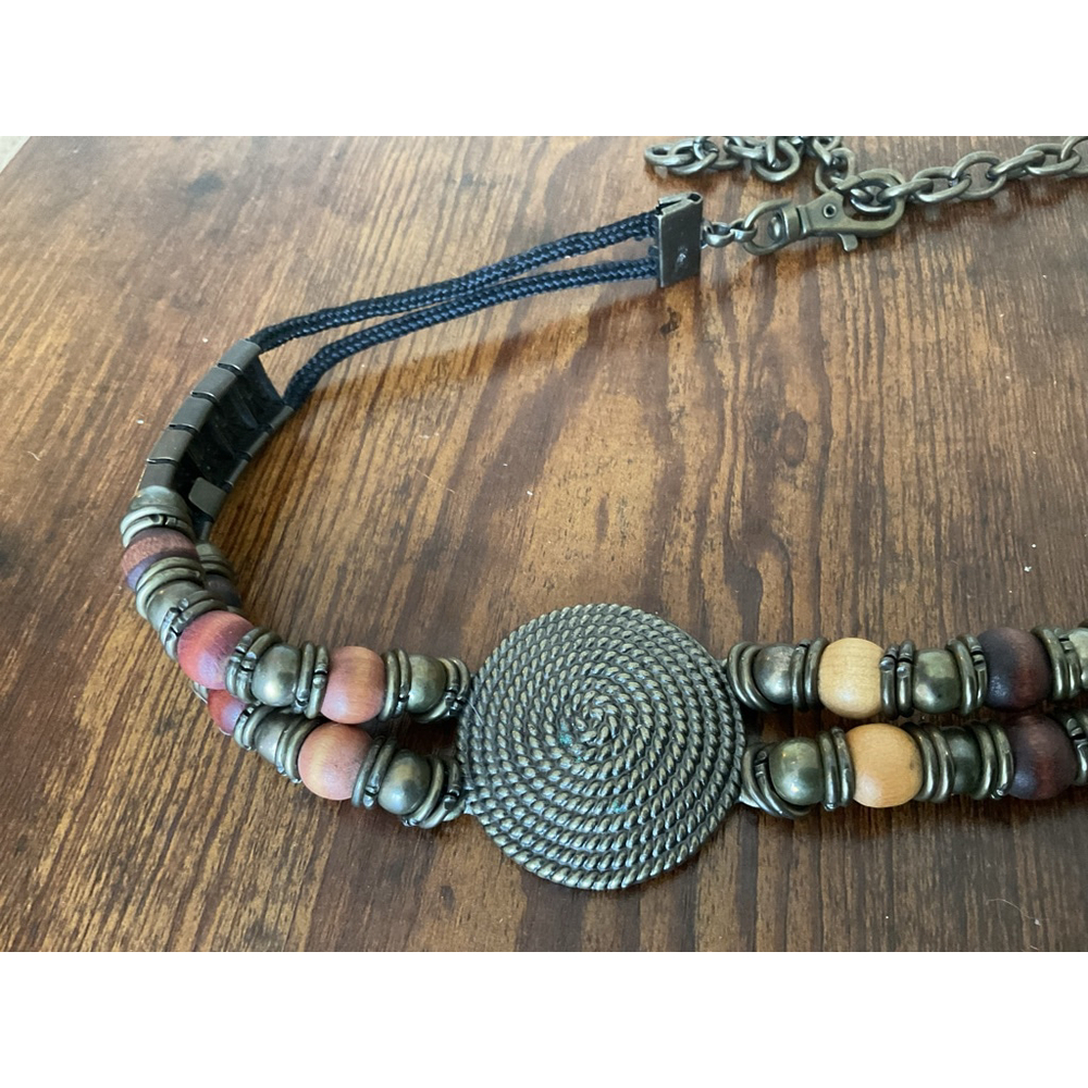 Boho Beaded Belt vintage Brassconcho medallion Wood Bead adjustable Waist Belt - Picture 12 of 16